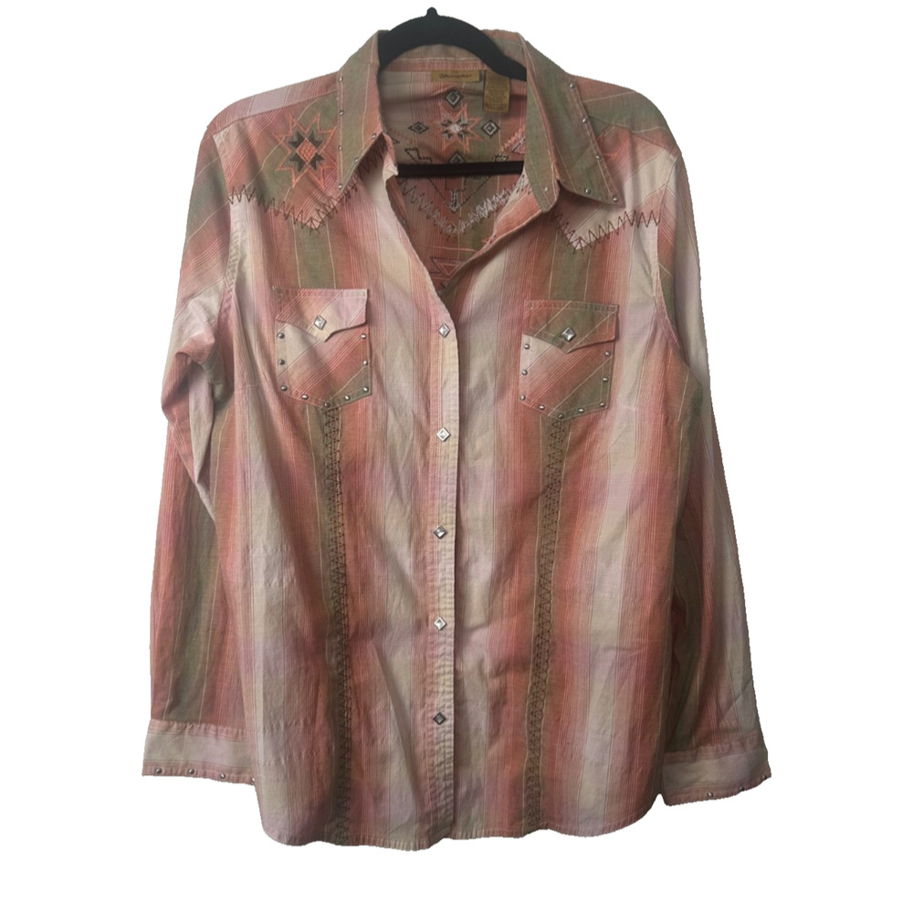 Wrangler Western Pearl Snap Blouse in Pink, Green and Cream